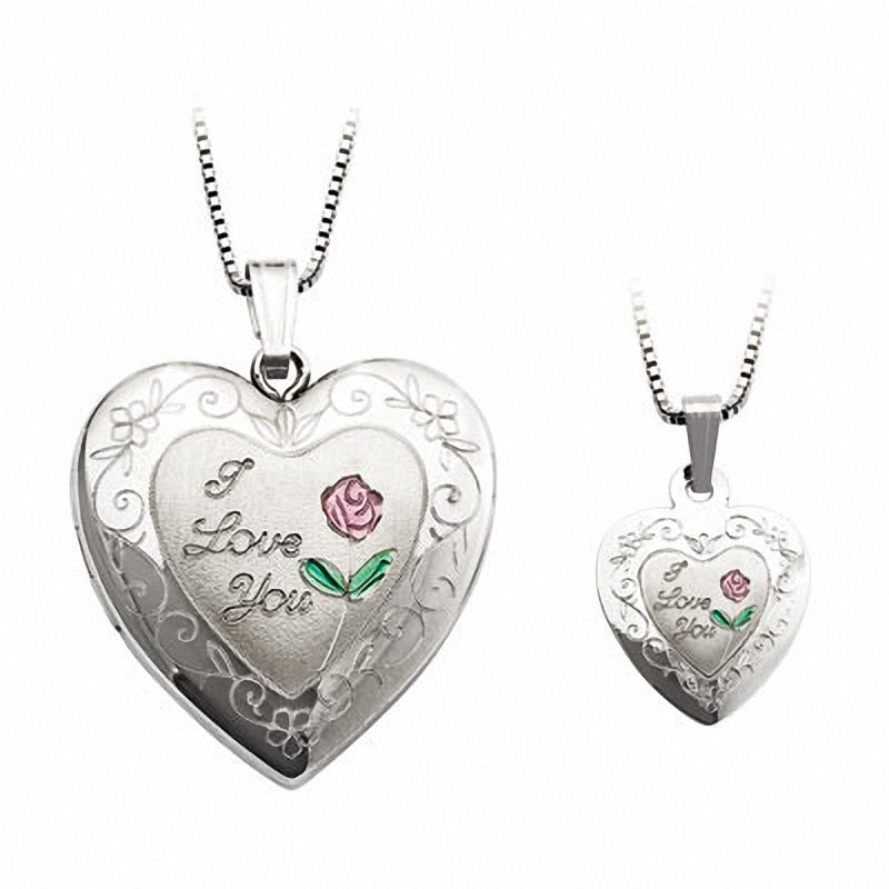 Mother and Daughter Matching "I Love You" Heart Locket and Pendant Set in Sterling Silver