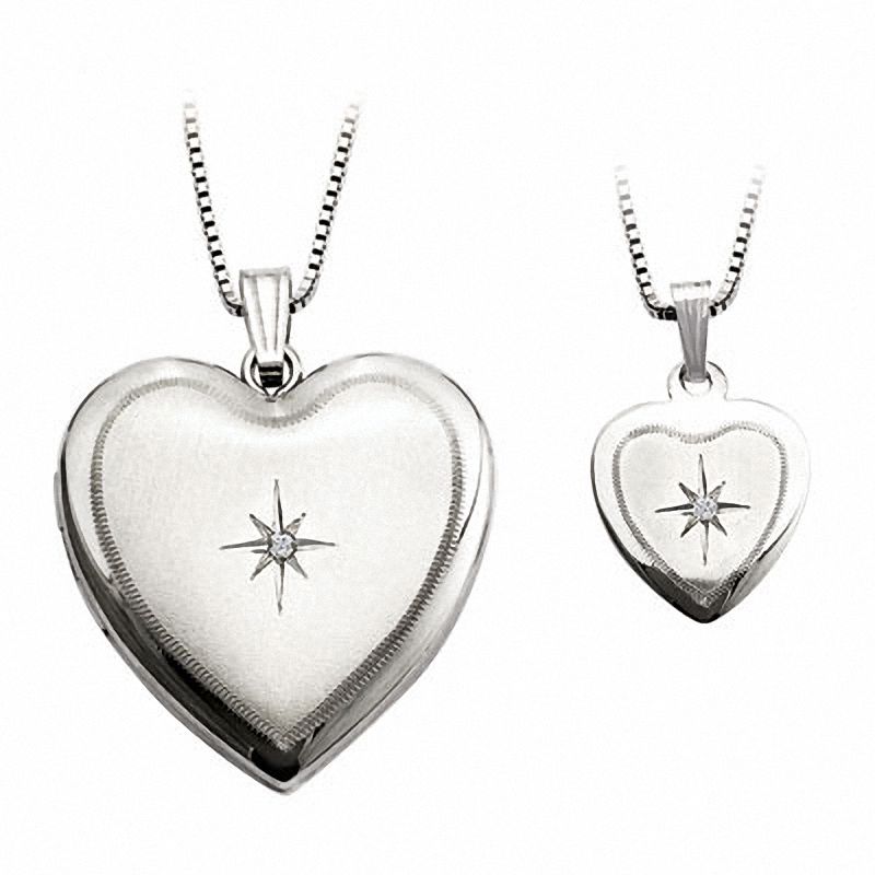 Diamond Accent Mother and Daughter Matching Starburst Heart Locket and Pendant Set in Sterling Silver