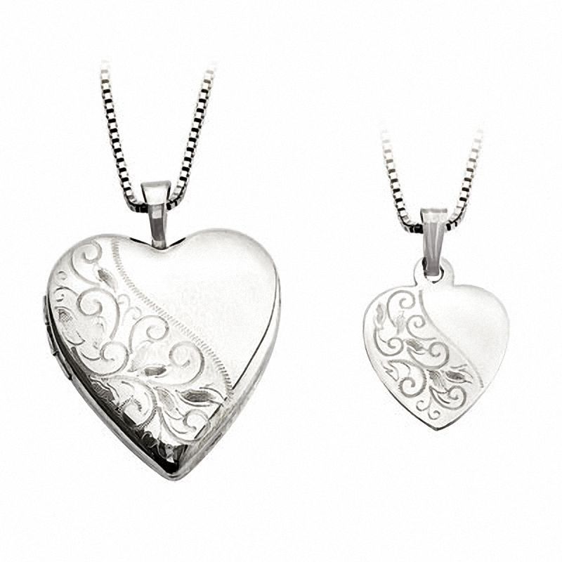 Mother and Daughter Matching Scroll Design Heart Locket and Pendant Set in Sterling Silver