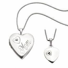 Diamond Accent Mother and Daughter Matching Heart Locket and Pendant Set in Sterling Silver
