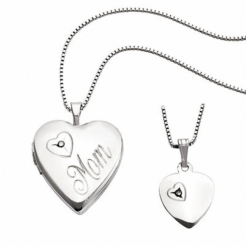 Diamond Accent Mother and Daughter Matching Heart Locket and Pendant Set in Sterling Silver