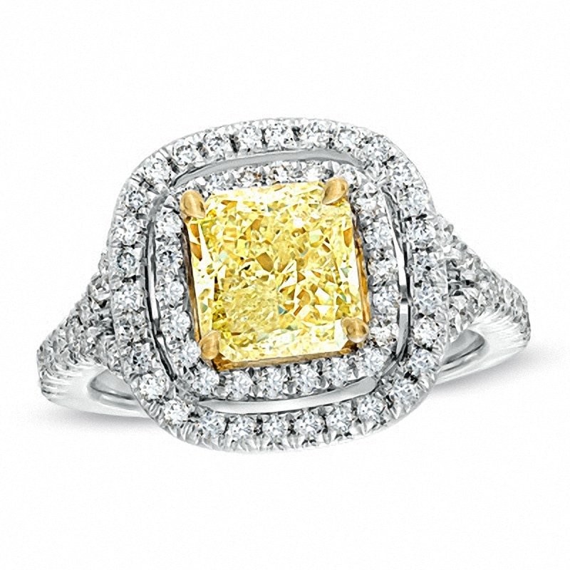 1.95 CT. T.W. Certified Cushion-Cut Yellow Diamond Frame Engagement Ring in 18K White Gold (P/SI2)