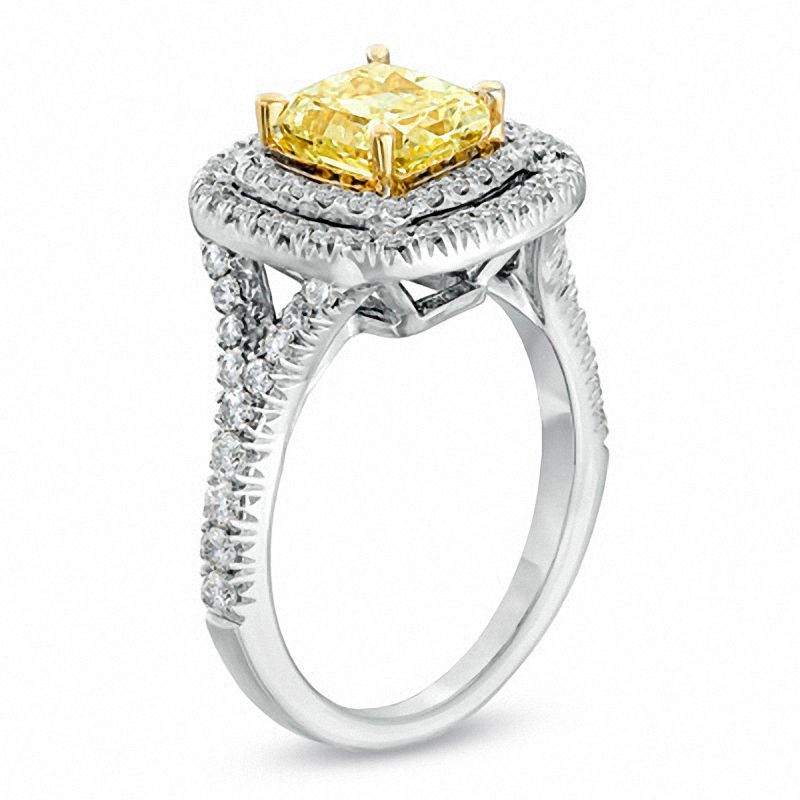 Main Image 2 of 1.95 CT. T.W. Certified Cushion-Cut Yellow Diamond Frame Engagement Ring in 18K White Gold (P/SI2)