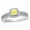 Thumbnail Image 0 of 0.95 CT. T.W. Certified Cushion-Cut Yellow Diamond Frame Engagement Ring in 18K White Gold (P/SI2)