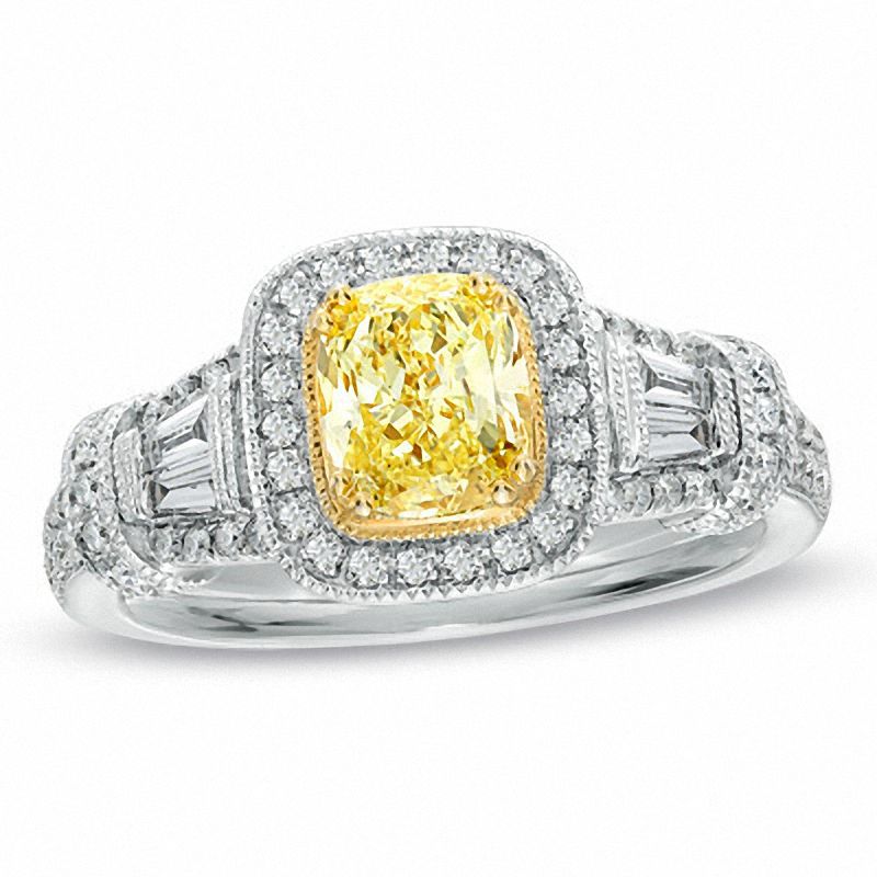 Main Image 1 of 1.20 CT. T.W. Certified Cushion-Cut Yellow Diamond Frame Engagement Ring in 18K White Gold (P/SI2)