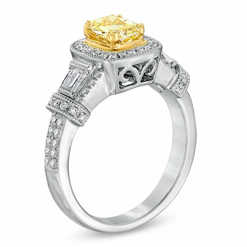 Main Image 2 of 1.20 CT. T.W. Certified Cushion-Cut Yellow Diamond Frame Engagement Ring in 18K White Gold (P/SI2)