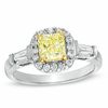 Thumbnail Image 0 of 1.03 CT. T.W. Certified Cushion-Cut Yellow Diamond Frame Engagement Ring in 18K White Gold (P/SI2)