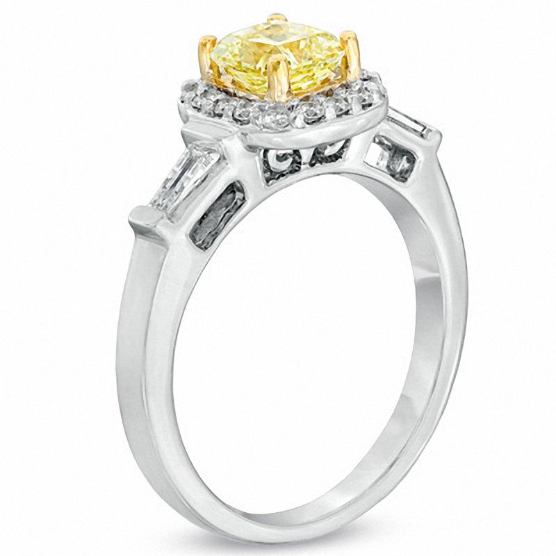 Main Image 2 of 1.03 CT. T.W. Certified Cushion-Cut Yellow Diamond Frame Engagement Ring in 18K White Gold (P/SI2)