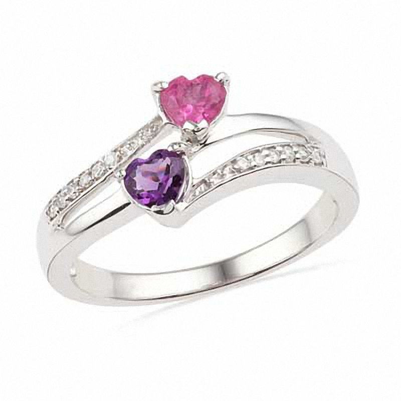 Heart-Shaped Amethyst, Lab-Created Pink Sapphire and Diamond Accent Ring in Sterling Silver