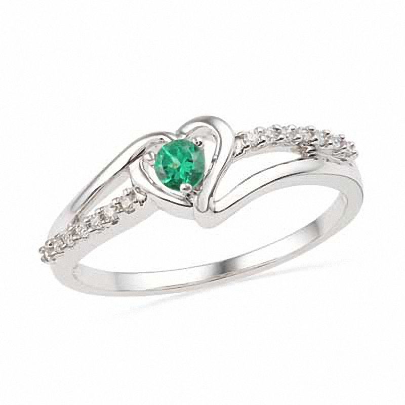 Lab-Created Emerald and Diamond Accent Heart Ring in Sterling Silver