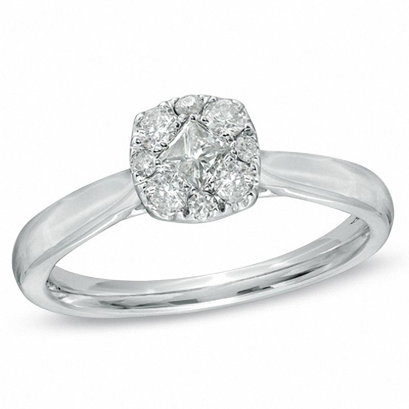 0.37 CT. T.W. Princess-Cut and Round Diamond Cushion Composite Ring in 14K White Gold
