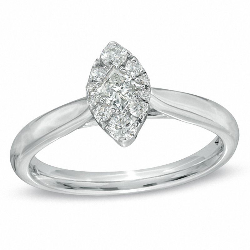 0.37 CT. T.W. Princess-Cut and Round Diamond Marquise Composite Ring in 14K White Gold
