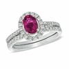 Certified Oval Pink Tourmaline and 0.46 CT. T.W. Diamond Bridal Set in 14K White Gold