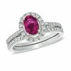 Thumbnail Image 1 of Certified Oval Pink Tourmaline and 0.46 CT. T.W. Diamond Bridal Set in 14K White Gold