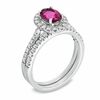 Thumbnail Image 2 of Certified Oval Pink Tourmaline and 0.46 CT. T.W. Diamond Bridal Set in 14K White Gold