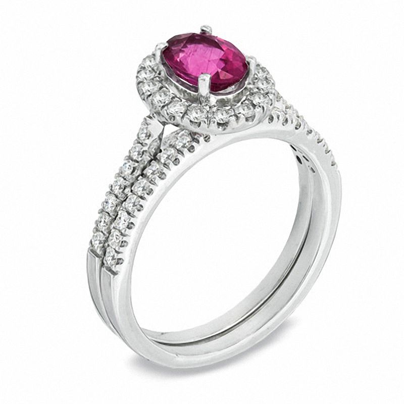 Main Image 2 of Certified Oval Pink Tourmaline and 0.46 CT. T.W. Diamond Bridal Set in 14K White Gold