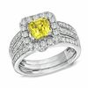 Thumbnail Image 1 of Certified Cushion-Cut Yellow Sapphire and 0.93 CT. T.W. Diamond Bridal Set in 14K White Gold