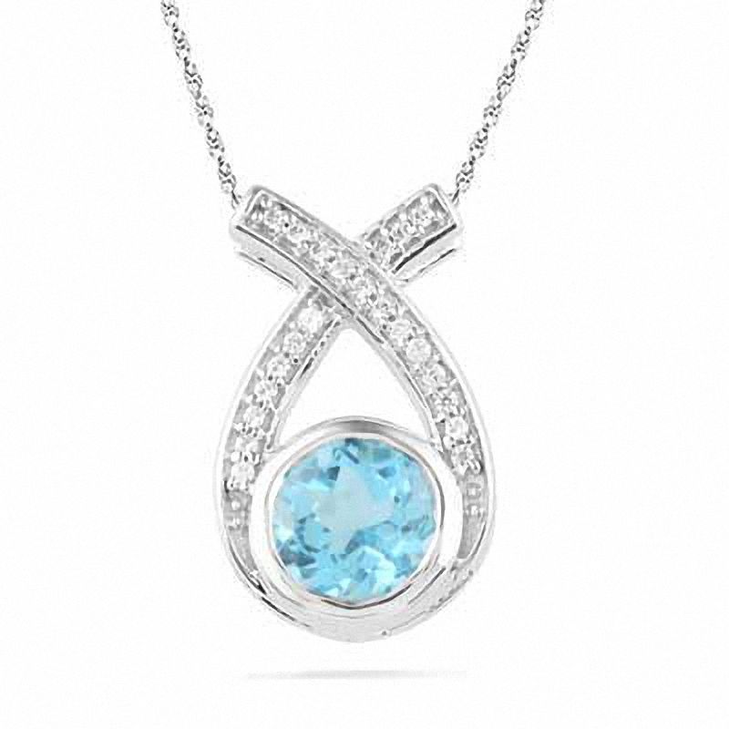6.0mm Swiss Blue Topaz and 0.10 CT. T.W. Diamond Pendant in Sterling Silver