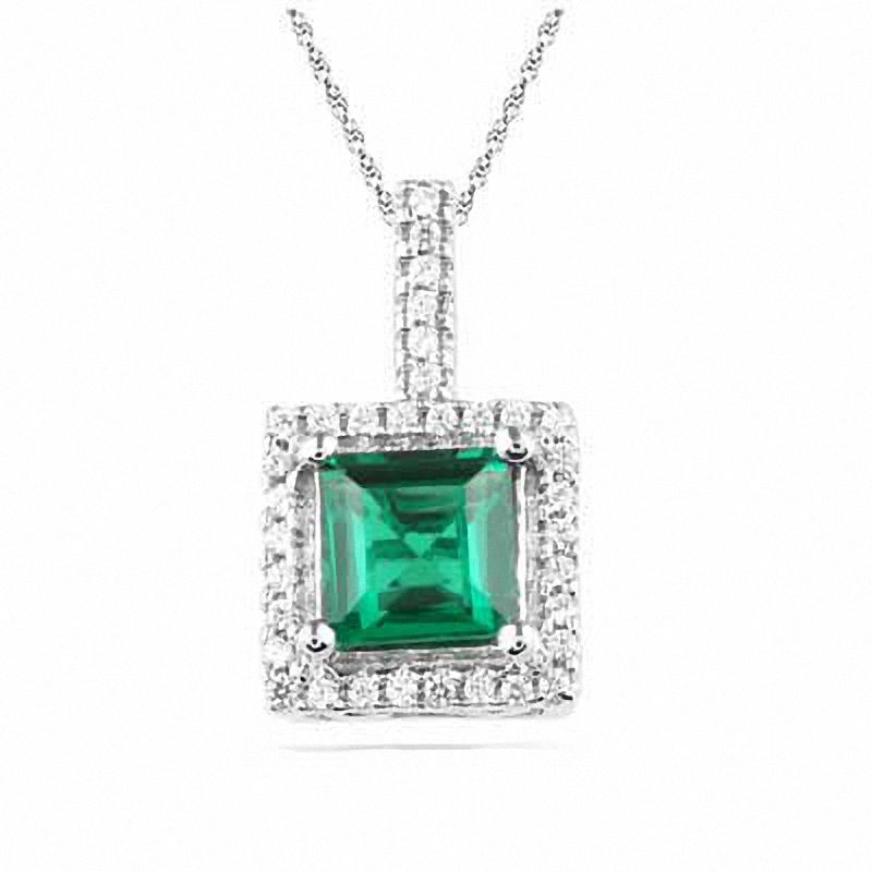 Princess-Cut Lab-Created Emerald and 0.12 CT. T.W Diamond Pendant in 10K White Gold