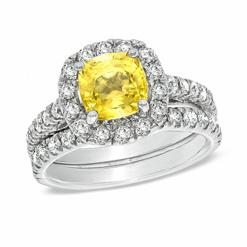 Certified Cushion-Cut Yellow Sapphire and 1.47 CT. T.W. Diamond Bridal Set in 14K White Gold