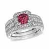 Thumbnail Image 0 of Certified Cushion-Cut Pink Tourmaline and 0.96 CT. T.W. Certified Diamond Bridal Set in 14K White Gold