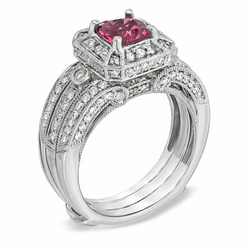 Certified Cushion-Cut Pink Tourmaline and 0.96 CT. T.W. Certified Diamond Bridal Set in 14K White Gold