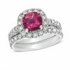 Thumbnail Image 1 of Certified Cushion-Cut Pink Tourmaline and 1.45 CT. T.W. Certified Diamond Bridal Set in 14K White Gold