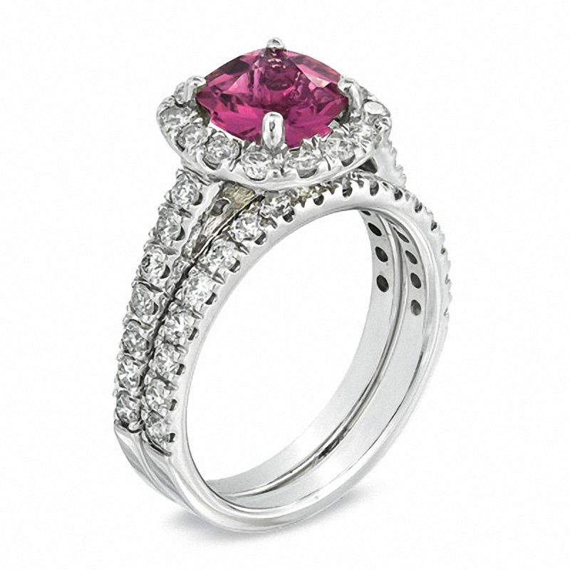 Main Image 2 of Certified Cushion-Cut Pink Tourmaline and 1.45 CT. T.W. Certified Diamond Bridal Set in 14K White Gold