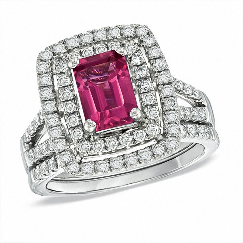 Certified Emerald-Cut Pink Tourmaline and 0.83 CT. T.W. Certified Diamond Bridal Set in 14K White Gold