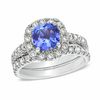 Thumbnail Image 0 of Certified Cushion-Cut Tanzanite and 1.45 CT. T.W. Diamond Bridal Set in 14K White Gold