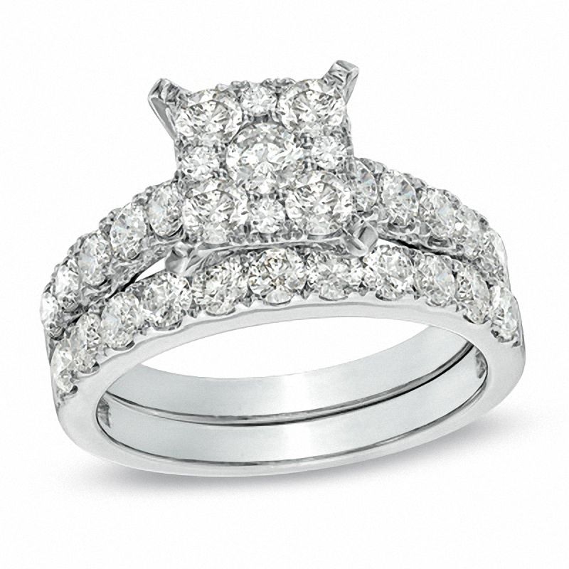 1.95 CT. T.W. Diamond Square Cluster Bridal Set in 14K White Gold|Peoples Jewellers