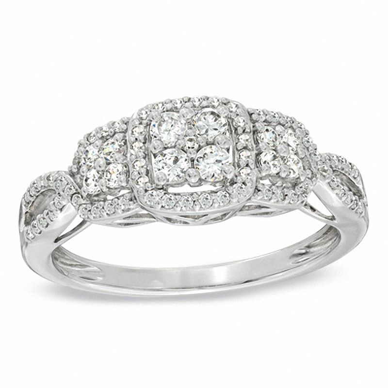 Main Image 1 of 0.45 CT. T.W. Quad Diamond Past Present Future Three Stone Engagement Ring in 10K White Gold