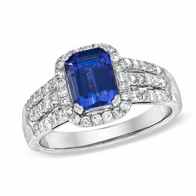 Certified Cushion-Cut Tanzanite and 0.37 CT. T.W. Diamond Engagement Ring in 14K White Gold