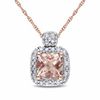 Thumbnail Image 0 of 5.0mm Cushion-Cut Morganite and 0.10 CT. T.W. Diamond Frame Pendant in 10K Rose Gold - 17"