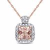 Thumbnail Image 1 of 5.0mm Cushion-Cut Morganite and 0.10 CT. T.W. Diamond Frame Pendant in 10K Rose Gold - 17"