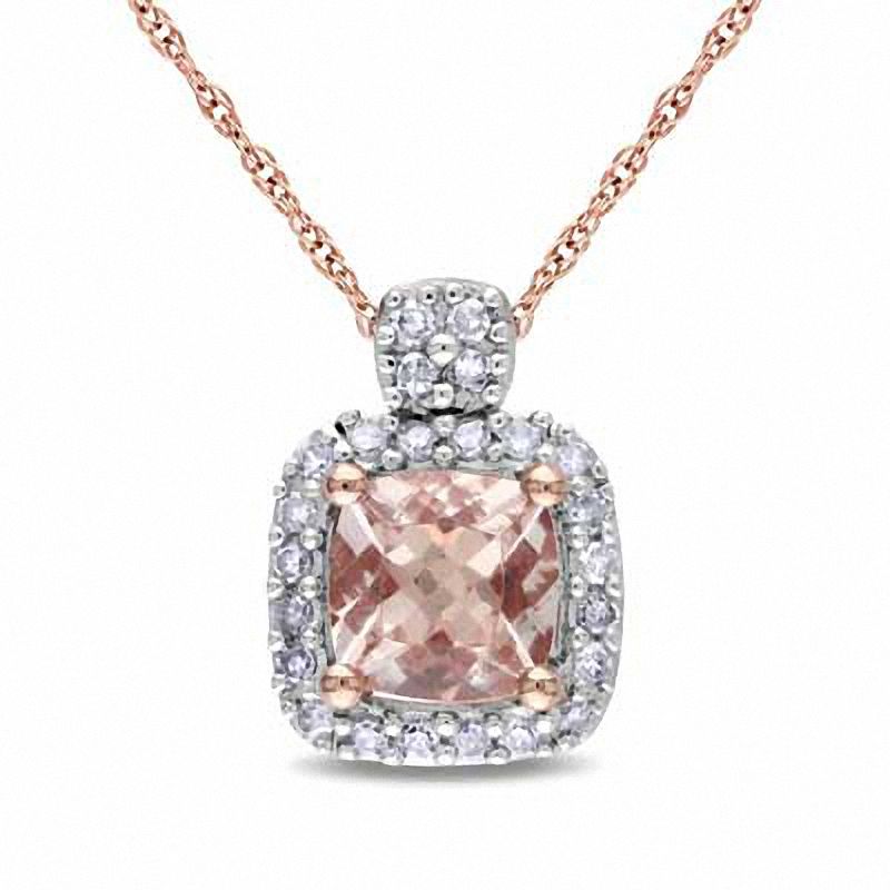 5.0mm Cushion-Cut Morganite and 0.10 CT. T.W. Diamond Frame Pendant in 10K Rose Gold - 17"