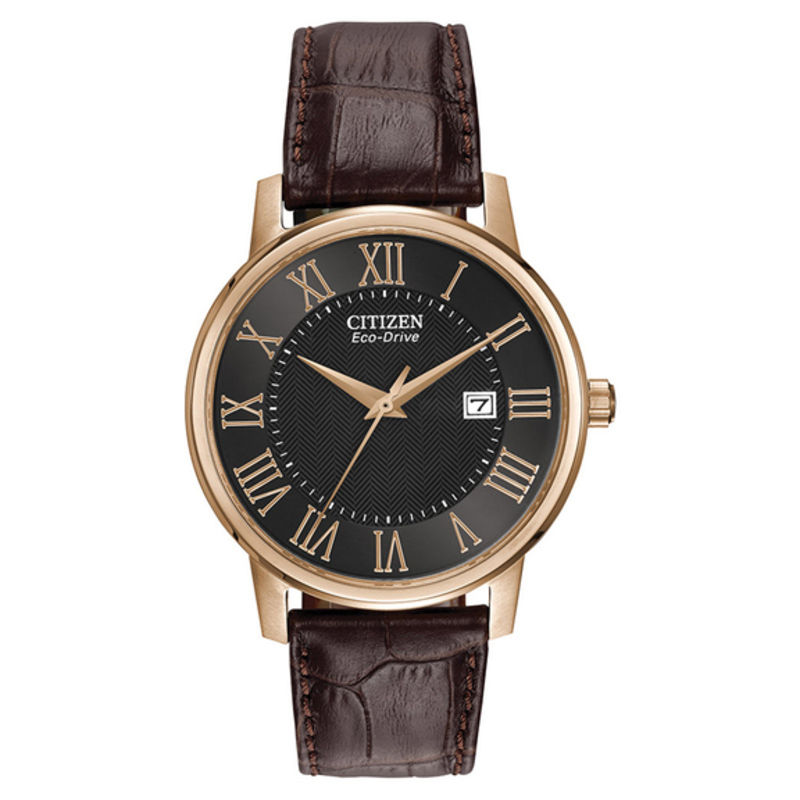 Men's Citizen Eco-Drive® Rose-Tone Strap Watch with Black Dial