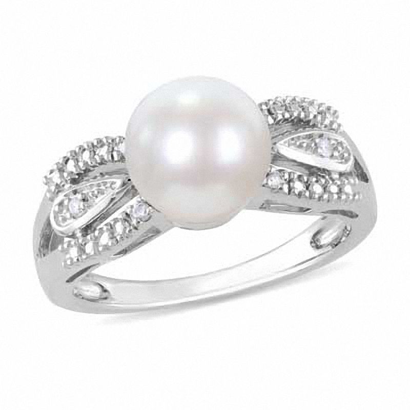 9.0 - 9.5mm Cultured Freshwater Pearl and 0.04 CT. T.W. Diamond Ring in Sterling Silver|Peoples Jewellers