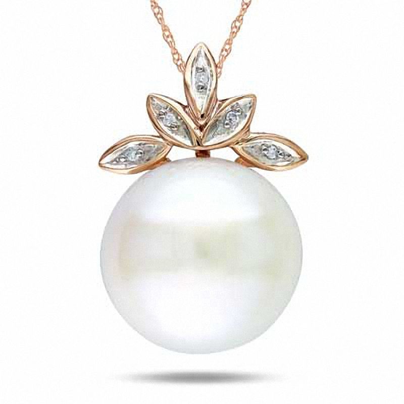 11.5 - 12.0mm Cultured Freshwater Pearl and Diamond Accent Pendant in 10K Rose Gold - 17"|Peoples Jewellers