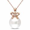 Thumbnail Image 1 of 12.0-12.5mm Freshwater Cultured Pearl and Diamond Accent Bow Pendant in 10K Rose Gold-17"