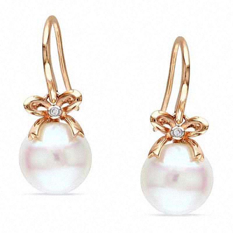 10.5 - 11.0mm Cultured Freshwater Pearl and Diamond Accent Bow Earrings in 10K Rose Gold