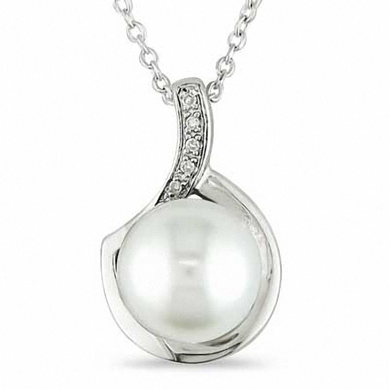 9.0 - 10.0mm Button Cultured Freshwater Pearl and Diamond Accent Pendant in Sterling Silver|Peoples Jewellers