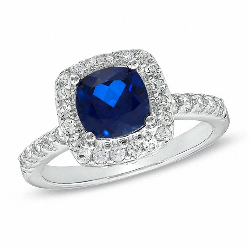 7.0mm Cushion-Cut Lab-Created Blue and White Sapphire Ring in Sterling Silver