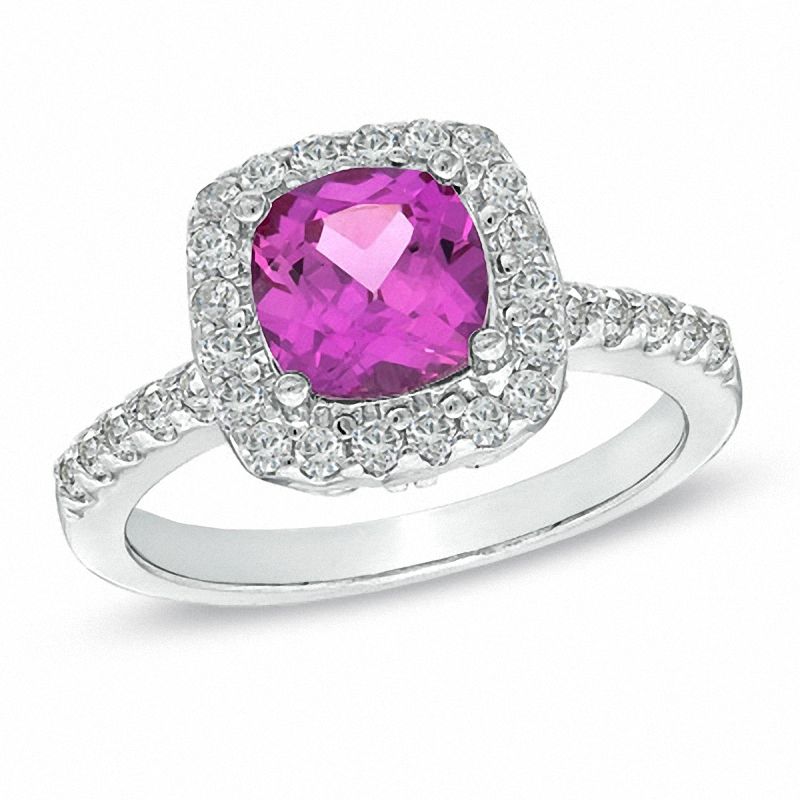Main Image 1 of 7.0mm Cushion-Cut Lab-Created Pink and White Sapphire Ring in Sterling Silver