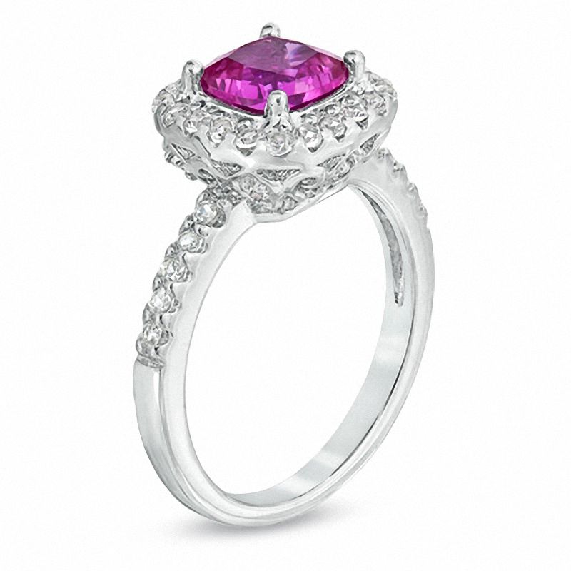 Main Image 2 of 7.0mm Cushion-Cut Lab-Created Pink and White Sapphire Ring in Sterling Silver