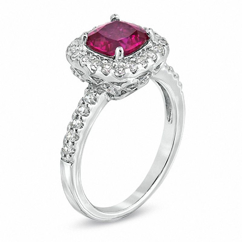 Main Image 2 of 7.0mm Cushion-Cut Lab-Created Ruby and White Sapphire Ring in Sterling Silver