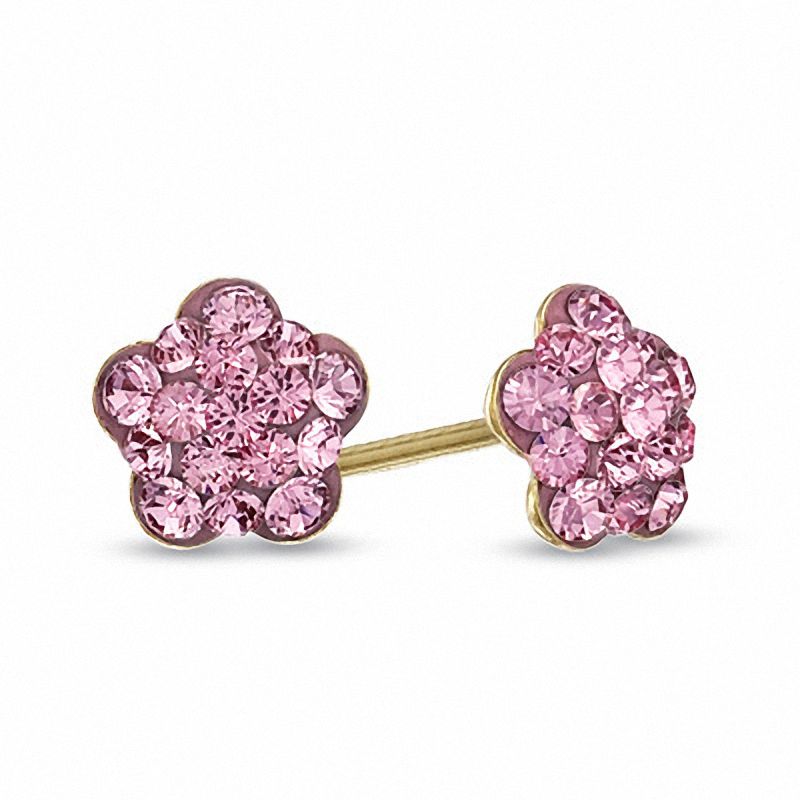 Child's Pink Crystal Flower Stud Earrings in 14K Gold