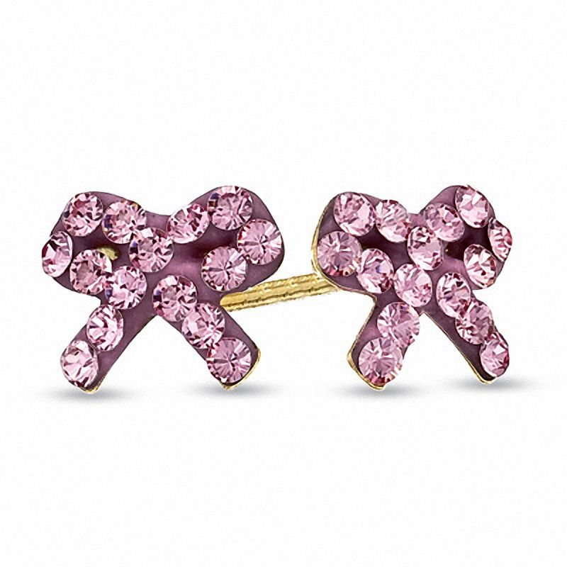 Child's Pink Crystal Bow Stud Earrings in 14K Gold