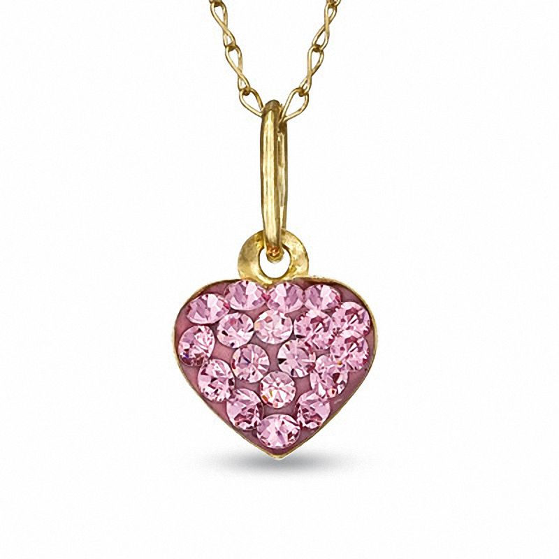 Child's Pink Crystal Heart Pendant in 14K Gold - 13"