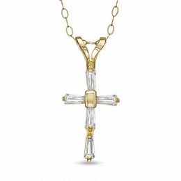 Child's Baguette Cubic Zirconia Cross Pendant in 14K Gold - 13"